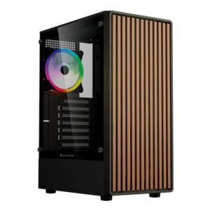 GABINETE BALAM RUSH(BR-943949)DRAGONFLY WOOD GM580,ATX, SIN FUENTE,USB A 3.0,USB A 2.0,4 FAN ARGB,PANEL CRISTAL+FRENTE TIPO MADERA,NEGRO